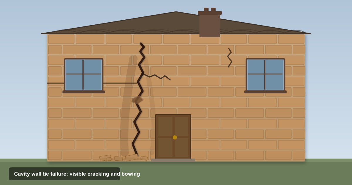 Brick house wall with a large diagonal crack caused by cavity wall tie failure